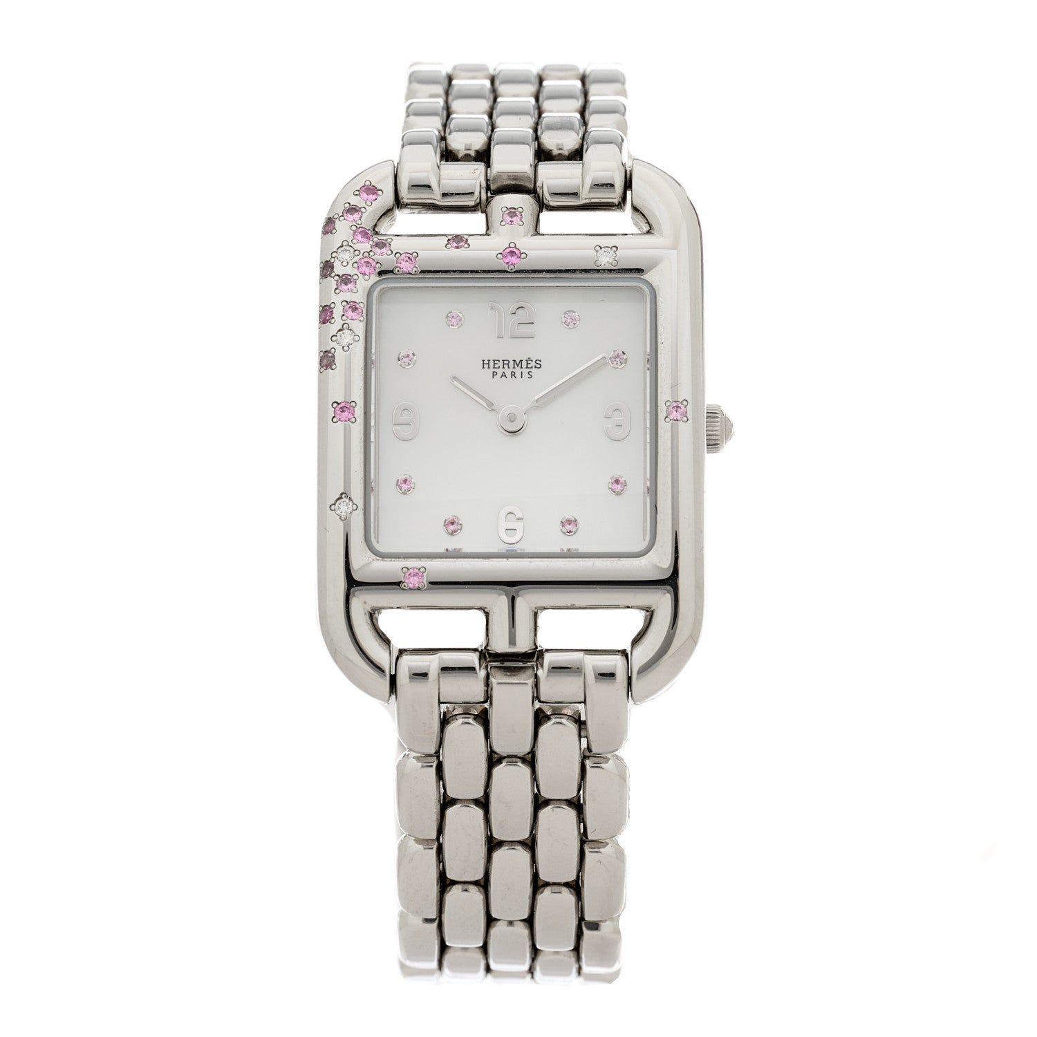 Hermes Stainless Steel Diamond Pink Sapphire Mother of Pearl 23mm Cape Cod Quartz Watch 1 of 5