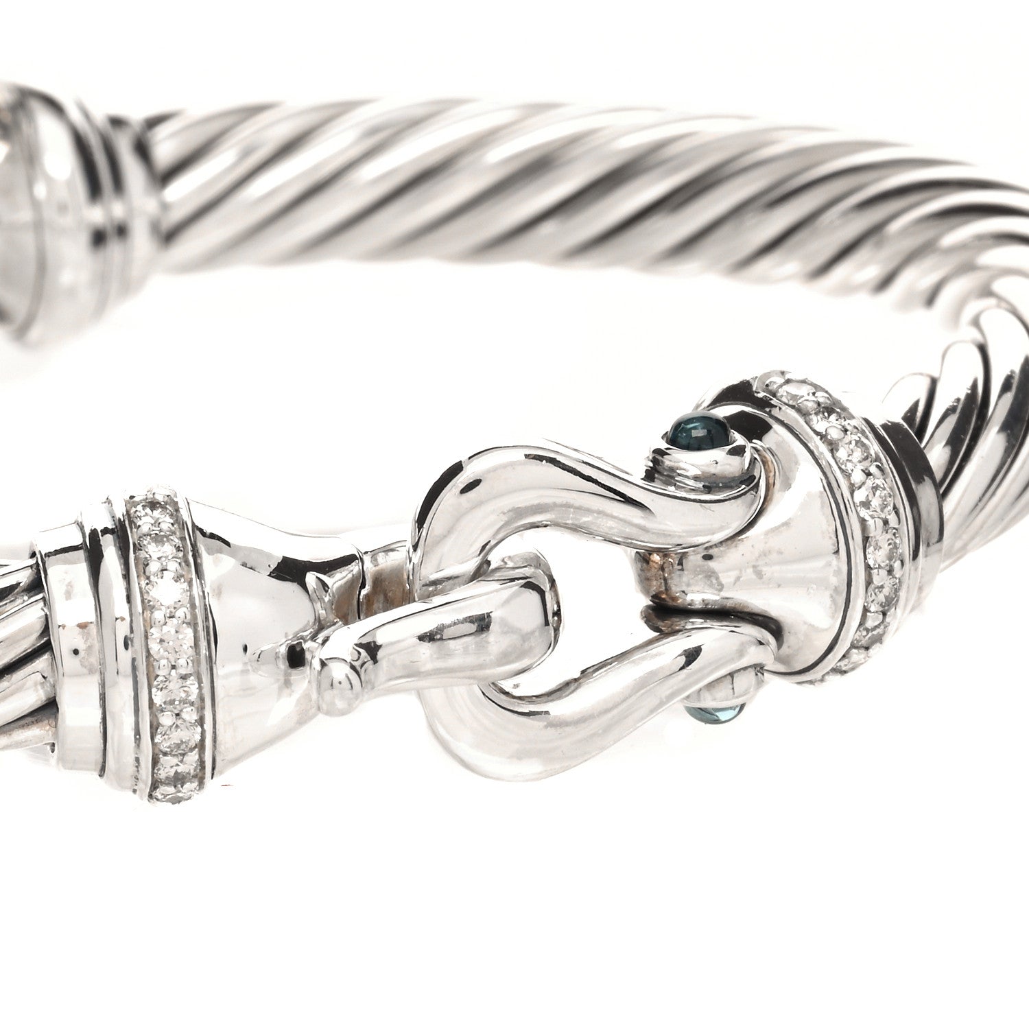 David Yurman Sterling Silver Diamond Hampton Blue Topaz 7mm Cable Buckle Bracelet 3 of 4