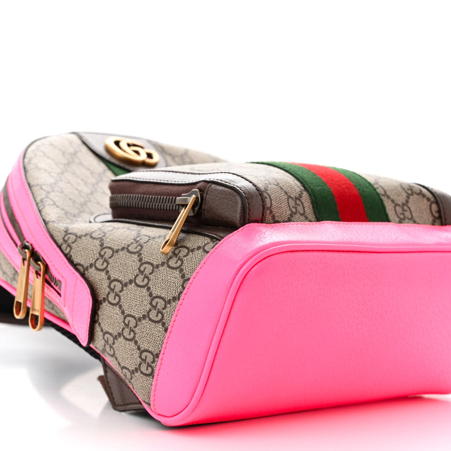 GG Supreme Monogram Textured Dollar Calfskin Web Small Ophidia Day Backpack Beige Ebony Fluorescent Fuchsia