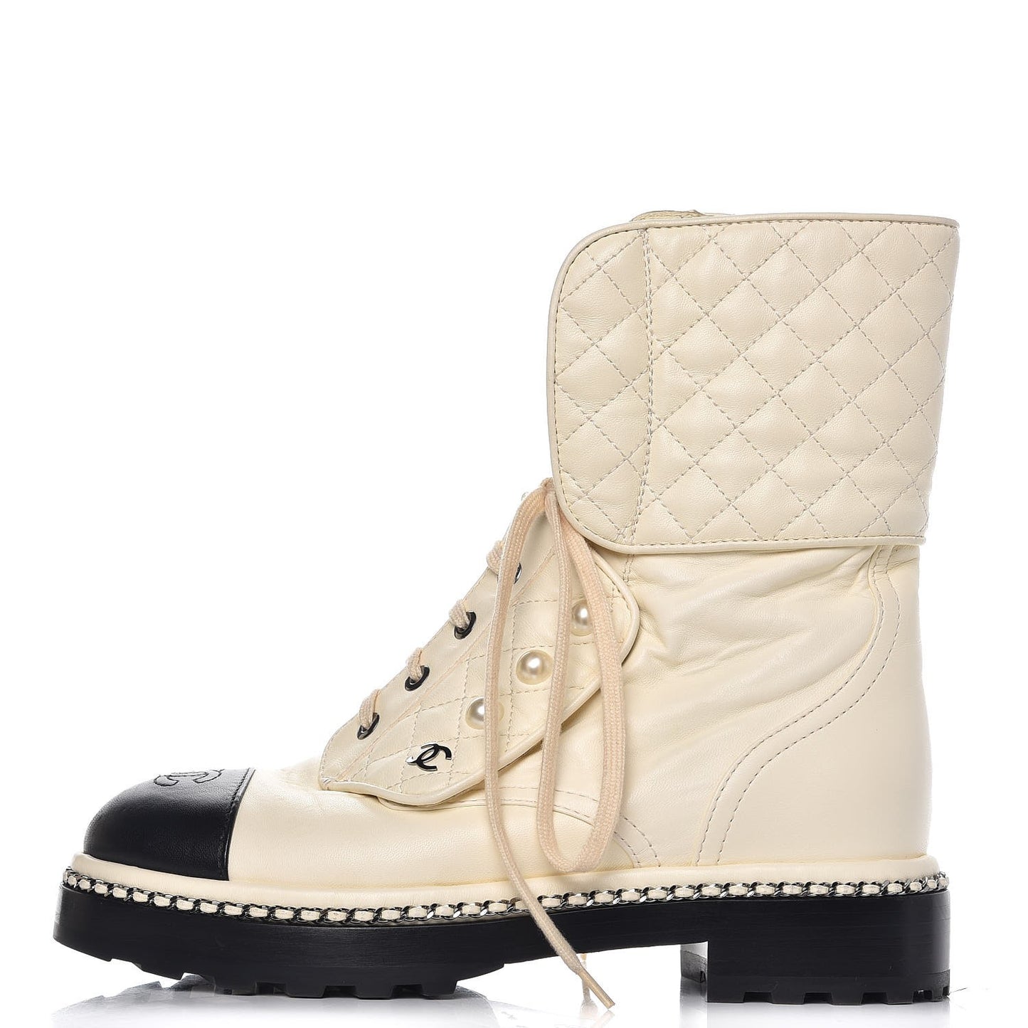 Lambskin Pearl Chain CC Combat Boots 37 Ivory Black