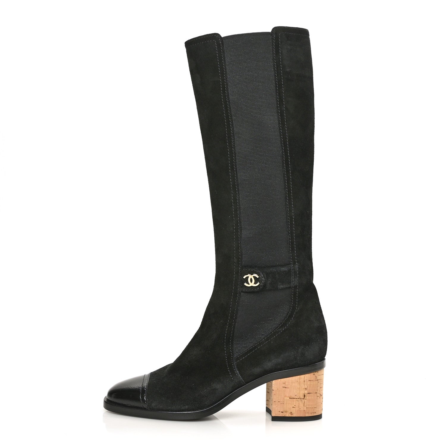 Chanel Suede Patent Calfskin CC Cork Cap Toe Tall Boots 38 Black 1 of 6