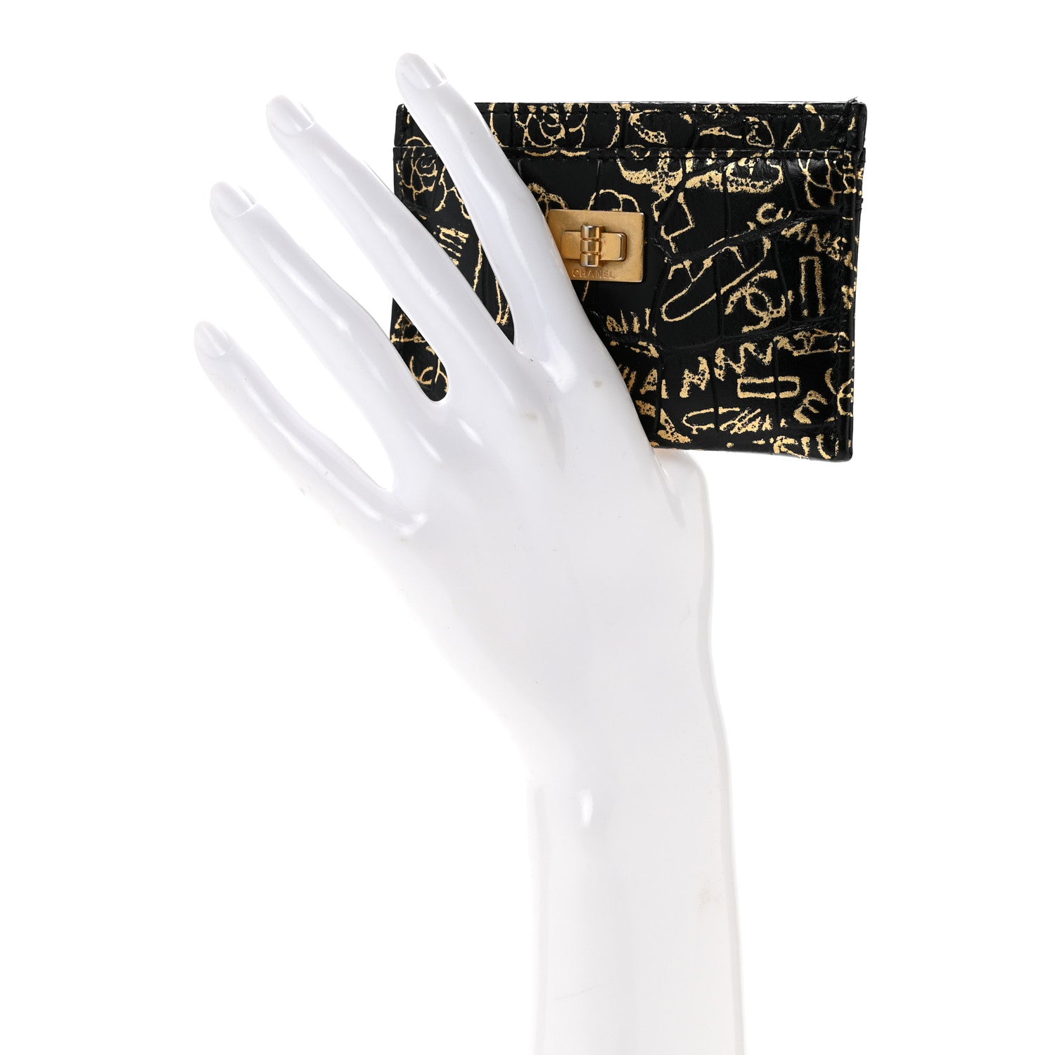 Chanel Calfskin Crocodile Embossed Graffiti 2.55 Cocodile Reissue Card Holder Black Gold 2 of 10