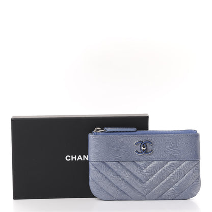 Chanel Metallic Caviar Chevron Quilted Small Vintage Mademoiselle Cosmetic Case Blue 8 of 8