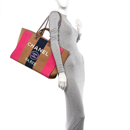 Chanel Straw Raffia Calfskin Striped Large Deauville Tote Dark Beige Fuchsia Navy Blue 2 of 10