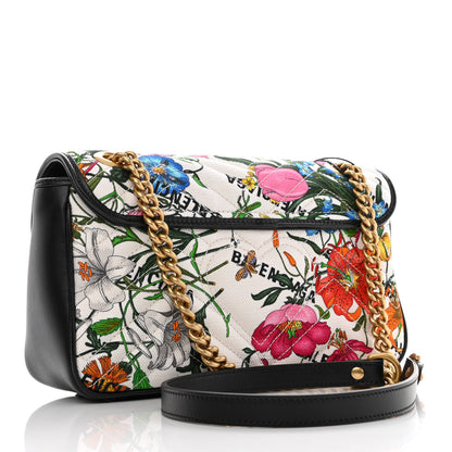 Gucci X BALENCIAGA Canvas Flora Logo Print Diagonal Matelasse Small GG Marmont Shoulder Bag White 3 of 10