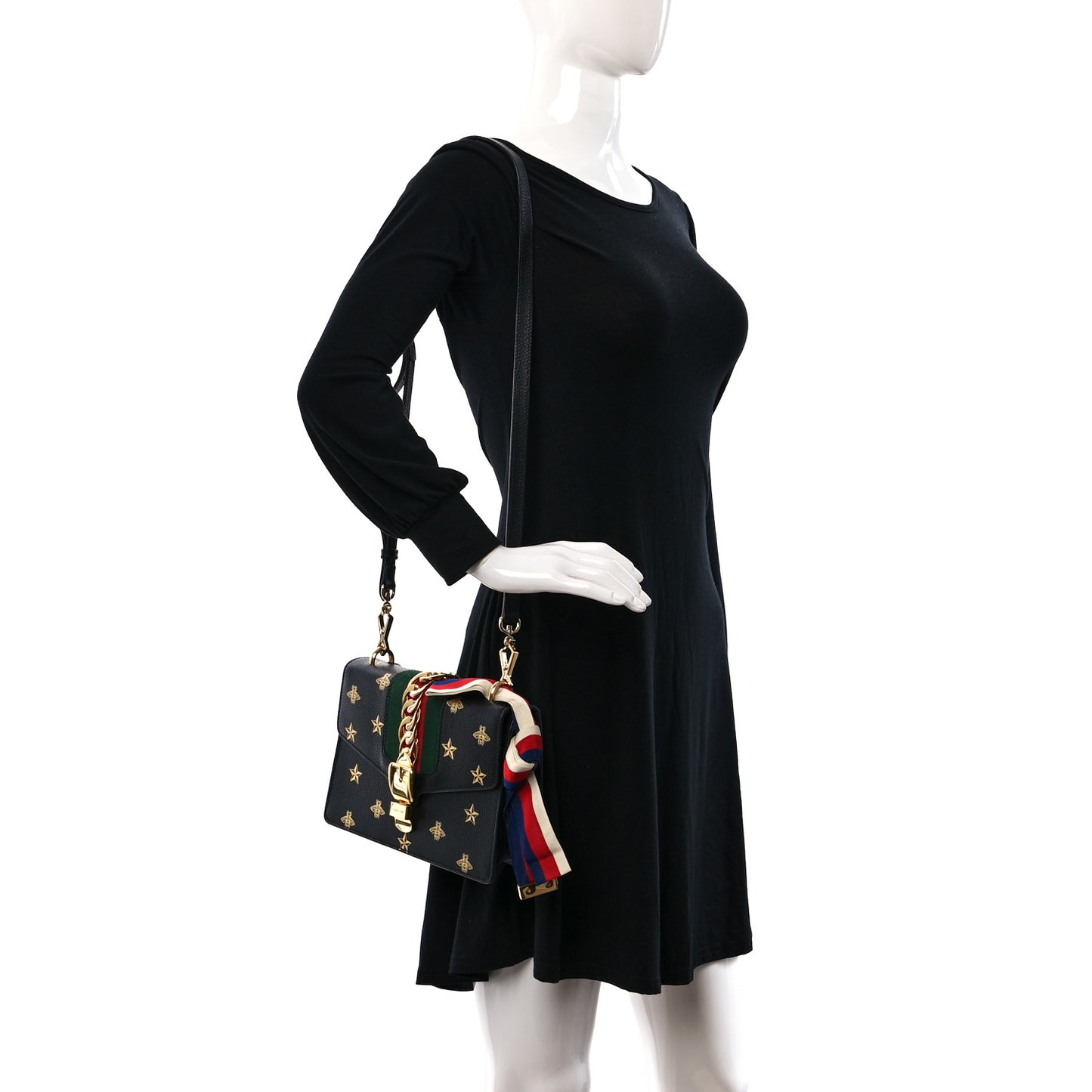 Textured Calfskin Bee Star Print Small Sylvie Shoulder Bag Black