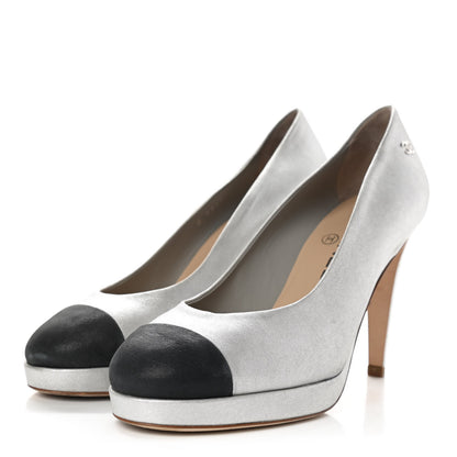 Chanel Metallic Calfskin Buffalo Cap Toe CC Pumps 37 Silver Black 3 of 9