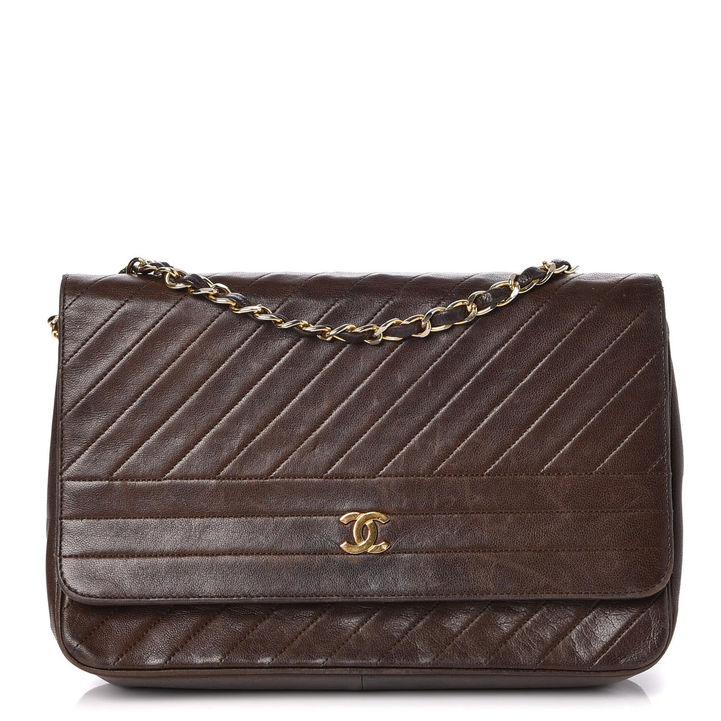 Lambskin Diagonal Quilted Small Single Flap Brown
