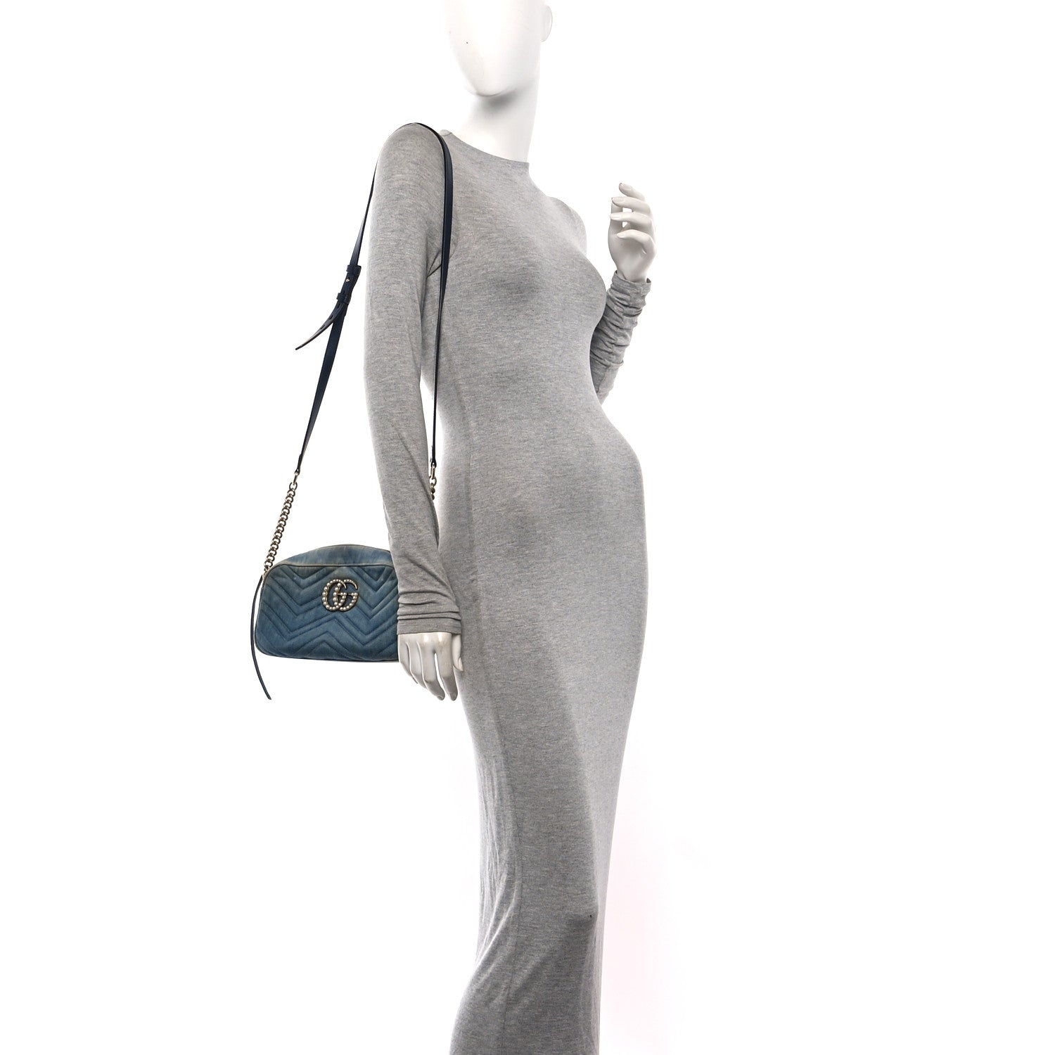 Gucci Denim Matelasse Small Pearly GG Marmont Chain Shoulder Bag Blue 2 of 12
