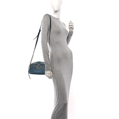 Gucci Denim Matelasse Small Pearly GG Marmont Chain Shoulder Bag Blue 2 of 12