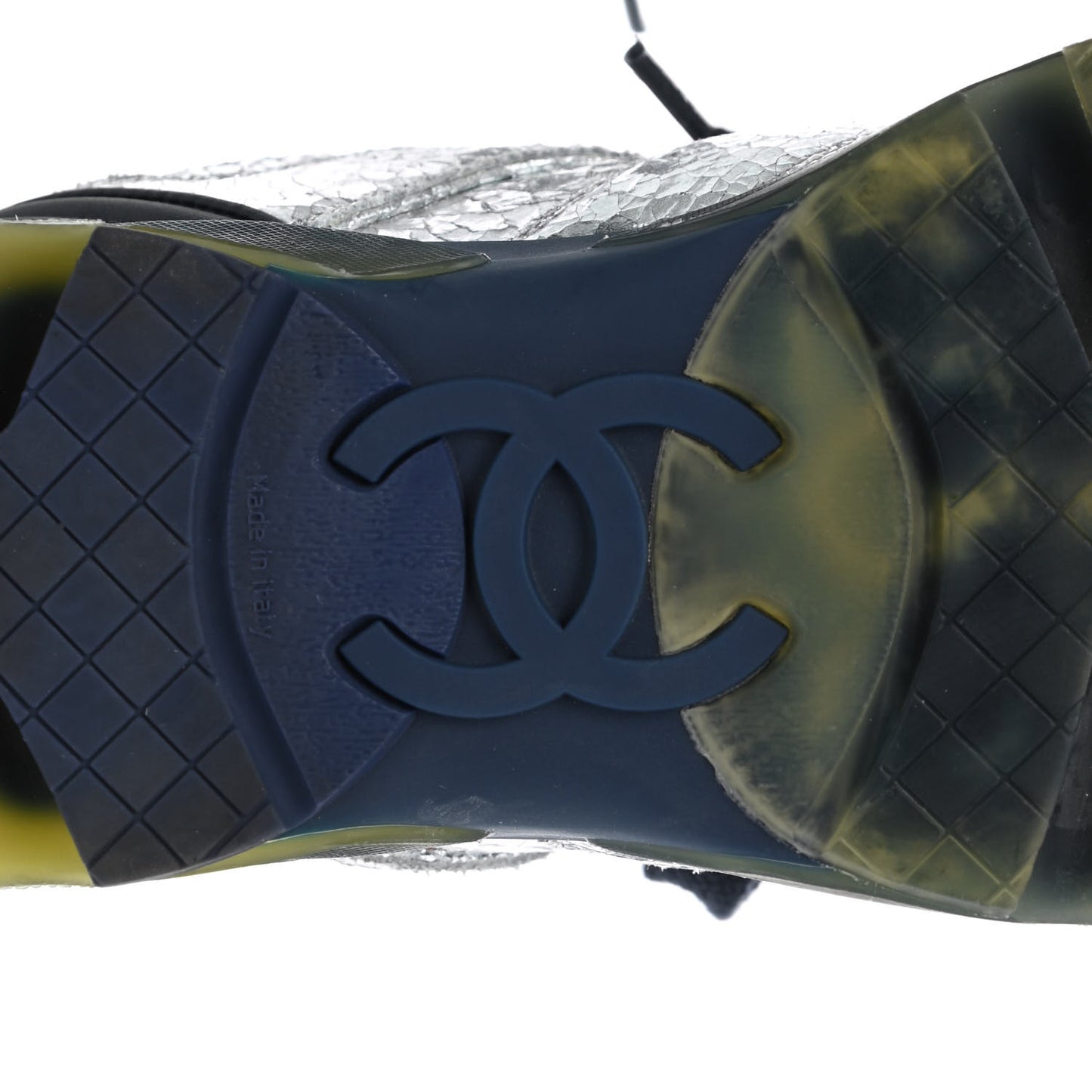 Metallic Crackled Calfskin CC Sneakers 37 Silver Black Navy