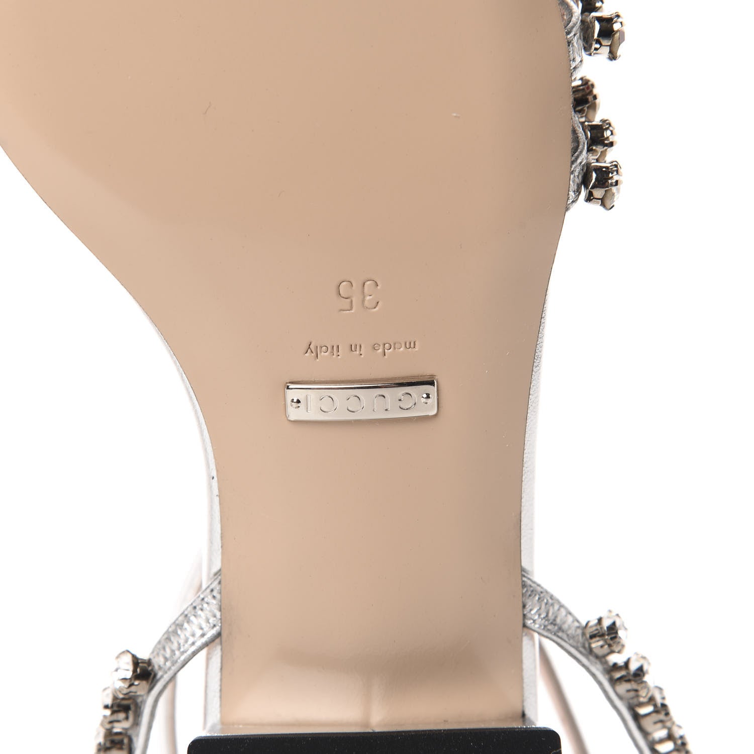 Gucci Nappa Silk Crystal Bertie T-Strap Low Heel Sandals 35 Argento 8 of 9