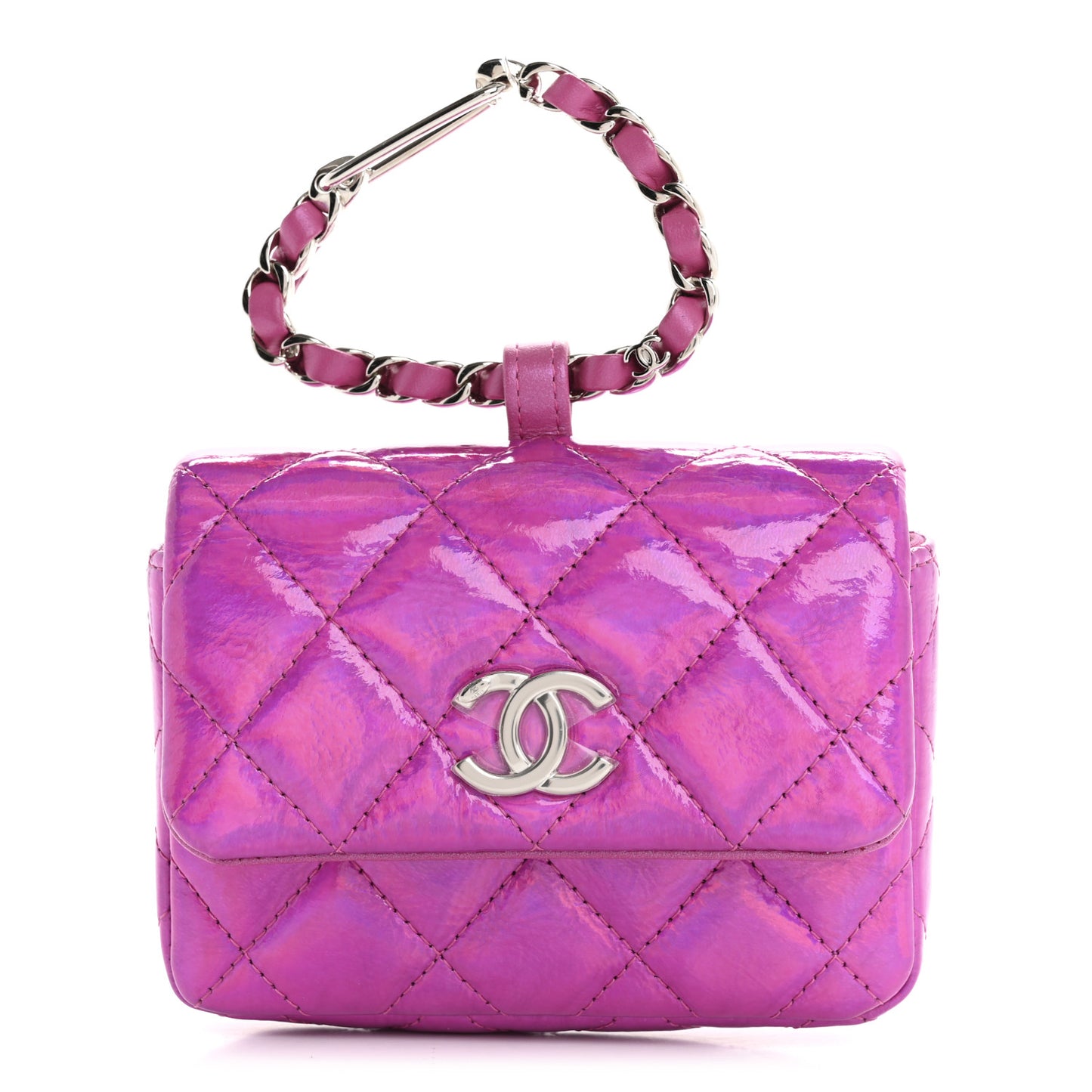 Patent Lambskin Quilted CC Hook Card Holder Pink