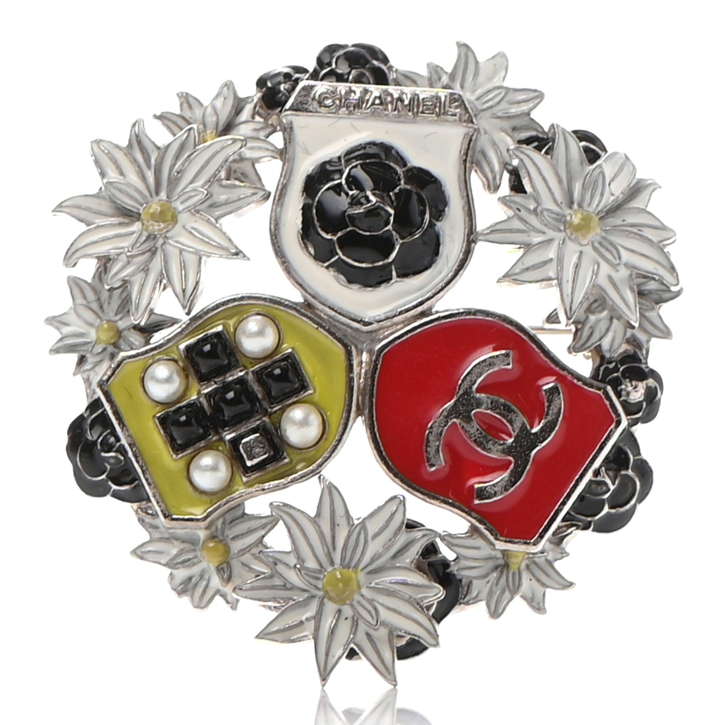 Enamel Pearl CC Camellia Badge Brooch Silver Red Black Multicolor