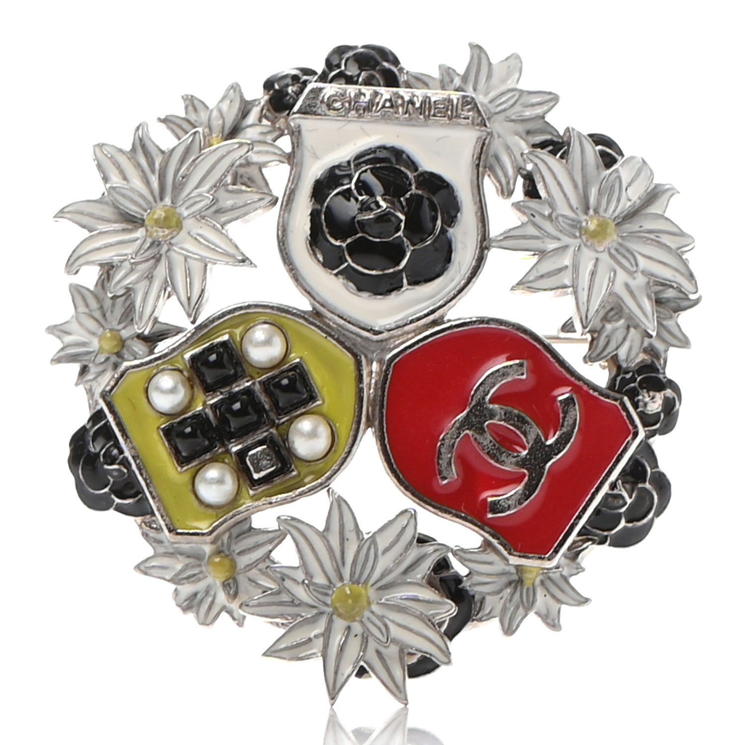 Chanel Enamel Pearl CC Camellia Badge Brooch Silver Red Black Multicolor 1 of 4