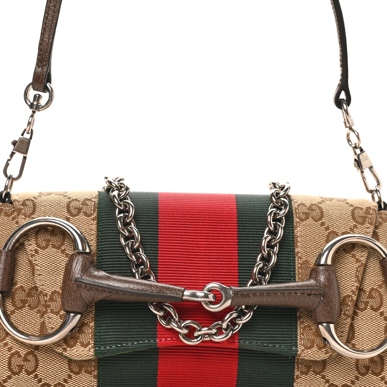 Gucci Monogram Textured Dollar Calfskin Heavy Grosgrain Web Small Maxi Horsebit Chain Shoulder Bag Beige Ebony New Acero 7 of 9