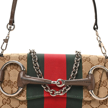 Gucci Monogram Textured Dollar Calfskin Heavy Grosgrain Web Small Maxi Horsebit Chain Shoulder Bag Beige Ebony New Acero 7 of 9