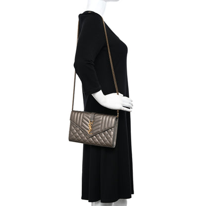 Saint Laurent Metallic Grain De Poudre Mixed Matelasse Triquilt Monogram Chain Wallet Piombo 2 of 14