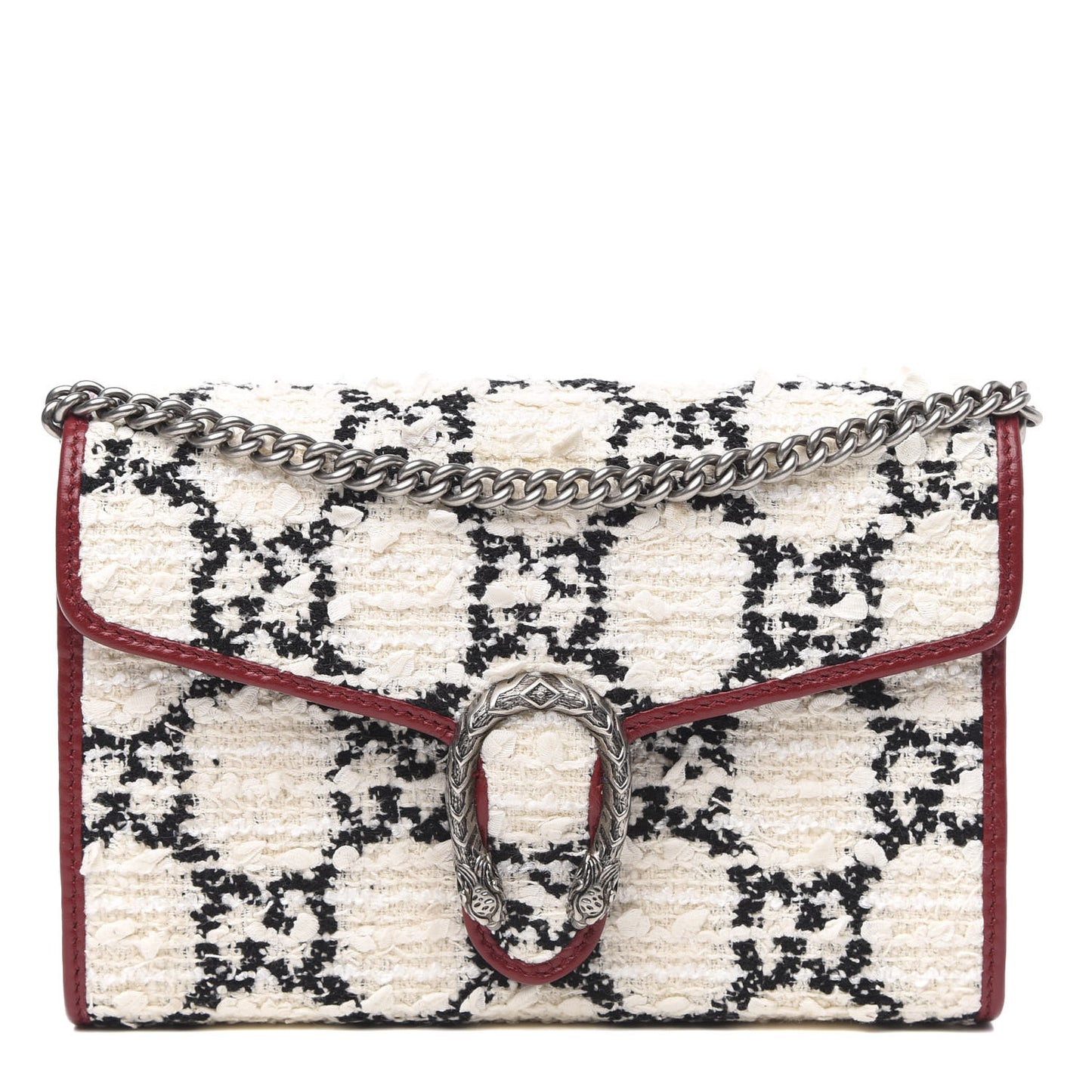 Tweed GG Monogram Mini Dionysus Chain Wallet White Black Romantic Cherry