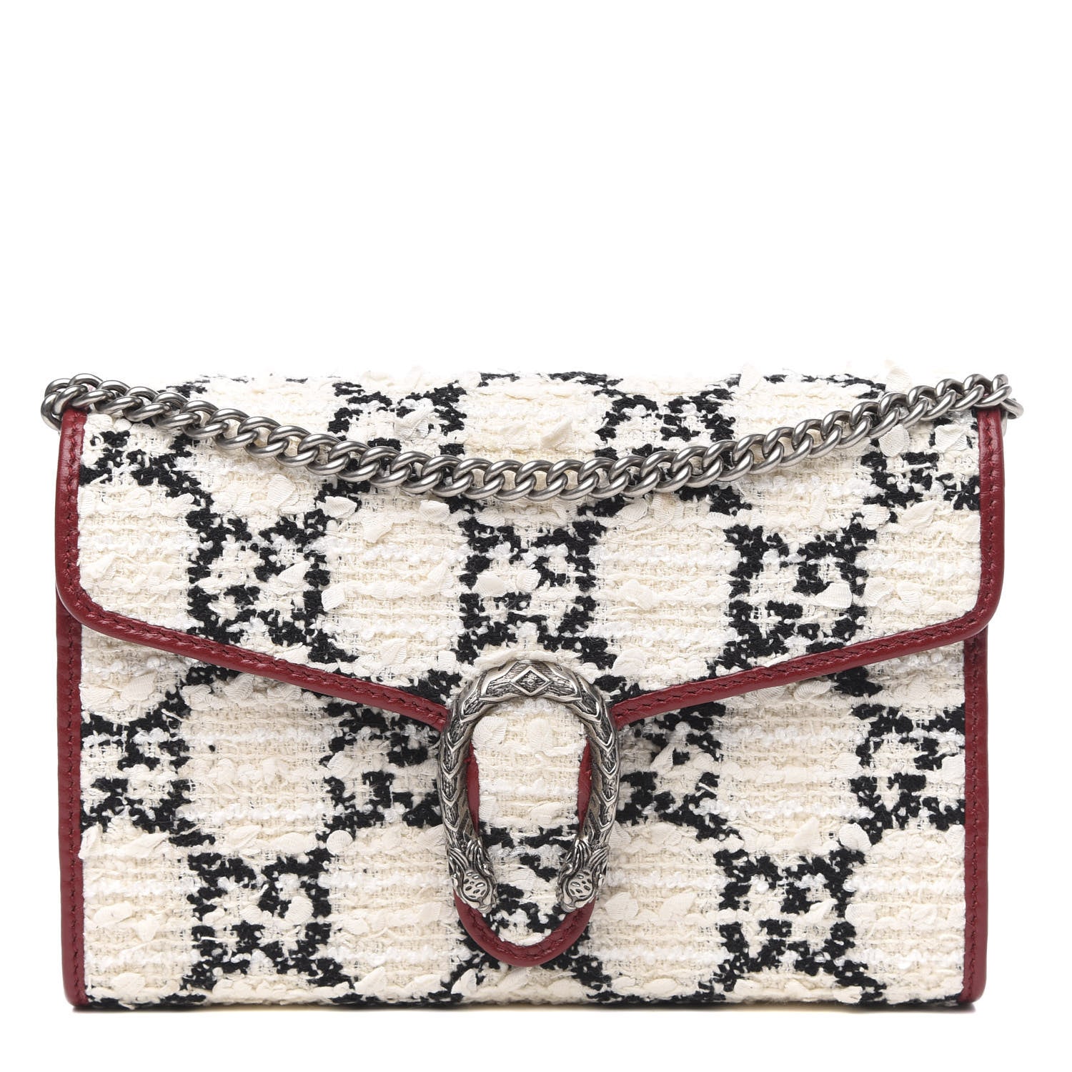 Gucci Tweed GG Monogram Mini Dionysus Chain Wallet White Black Romantic Cherry 1 of 10