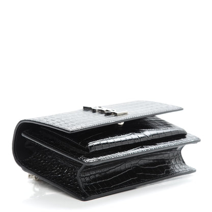 Saint Laurent Calfskin Crocodile Embossed Monogram Sunset Chain Wallet Black 4 of 10