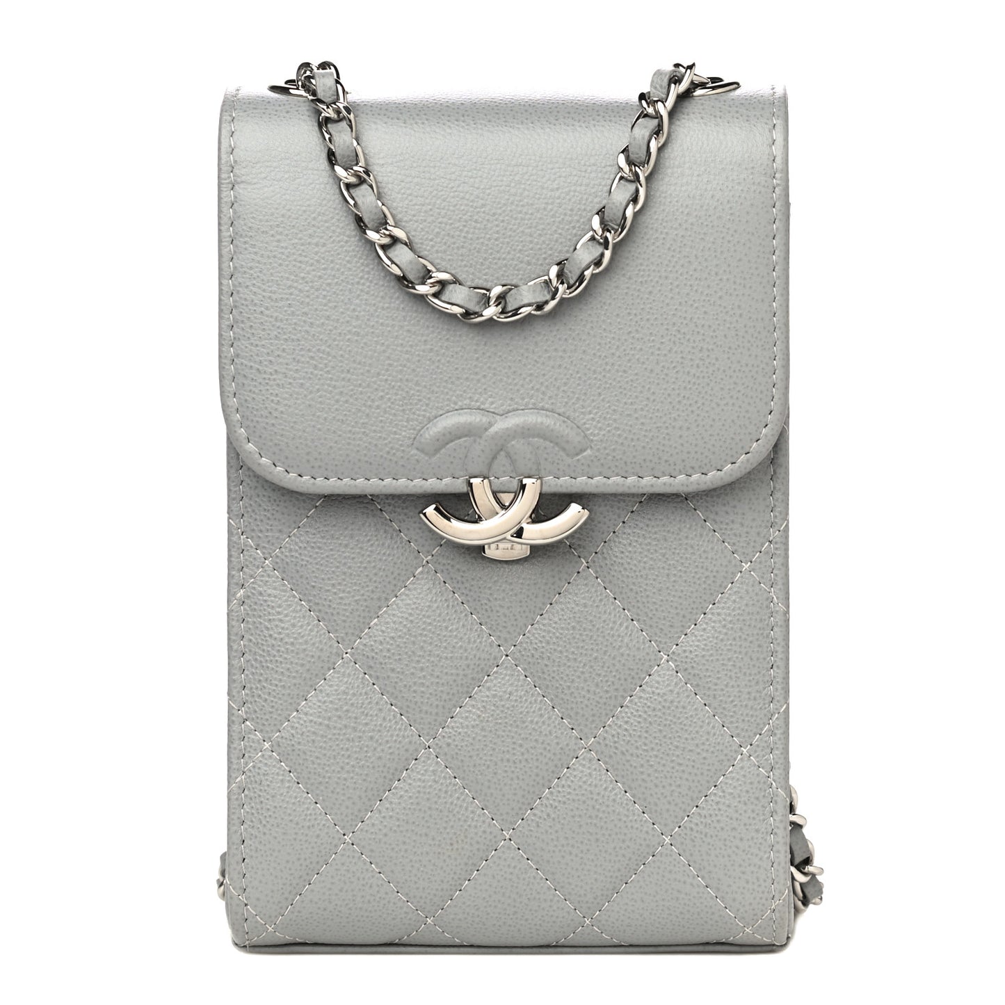 Grained Calfskin Quilted CC Box Clutch With Chain Grey