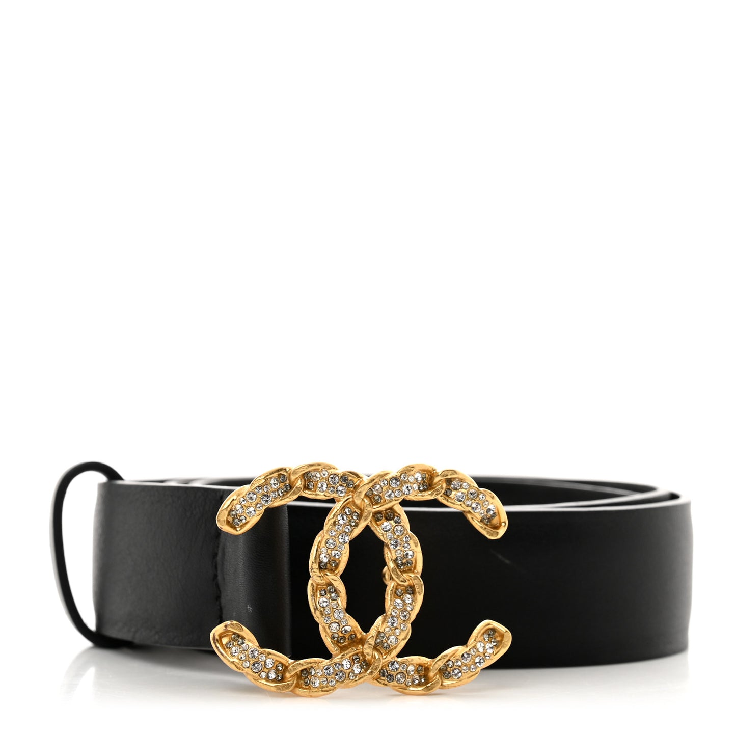 Calfskin Crystal Chain CC Belt 75 30 Black