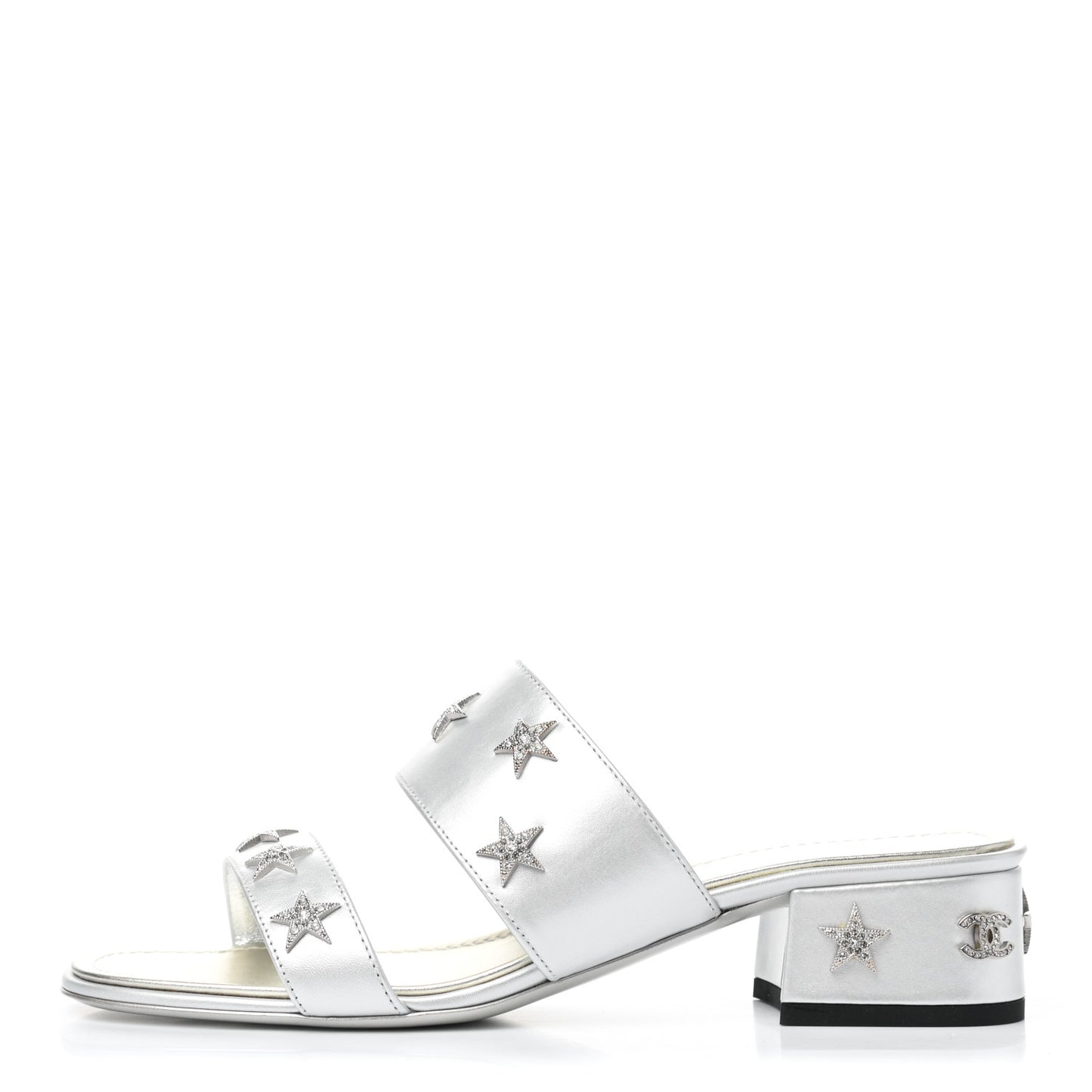 Iridescent Calfskin Crystal Stars Sandals 37 Silver