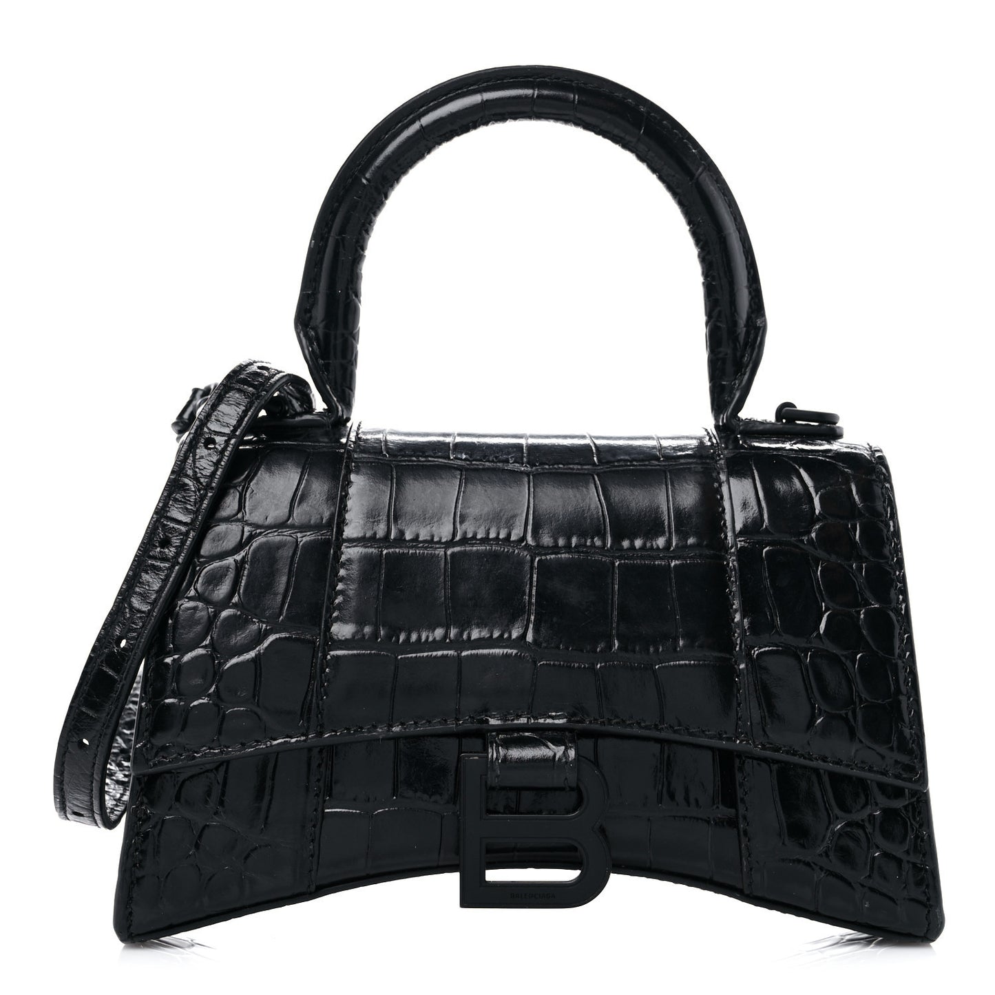 Shiny Calfskin Monochrome Crocodile Embossed Hourglass Top Handle Bag XS Black