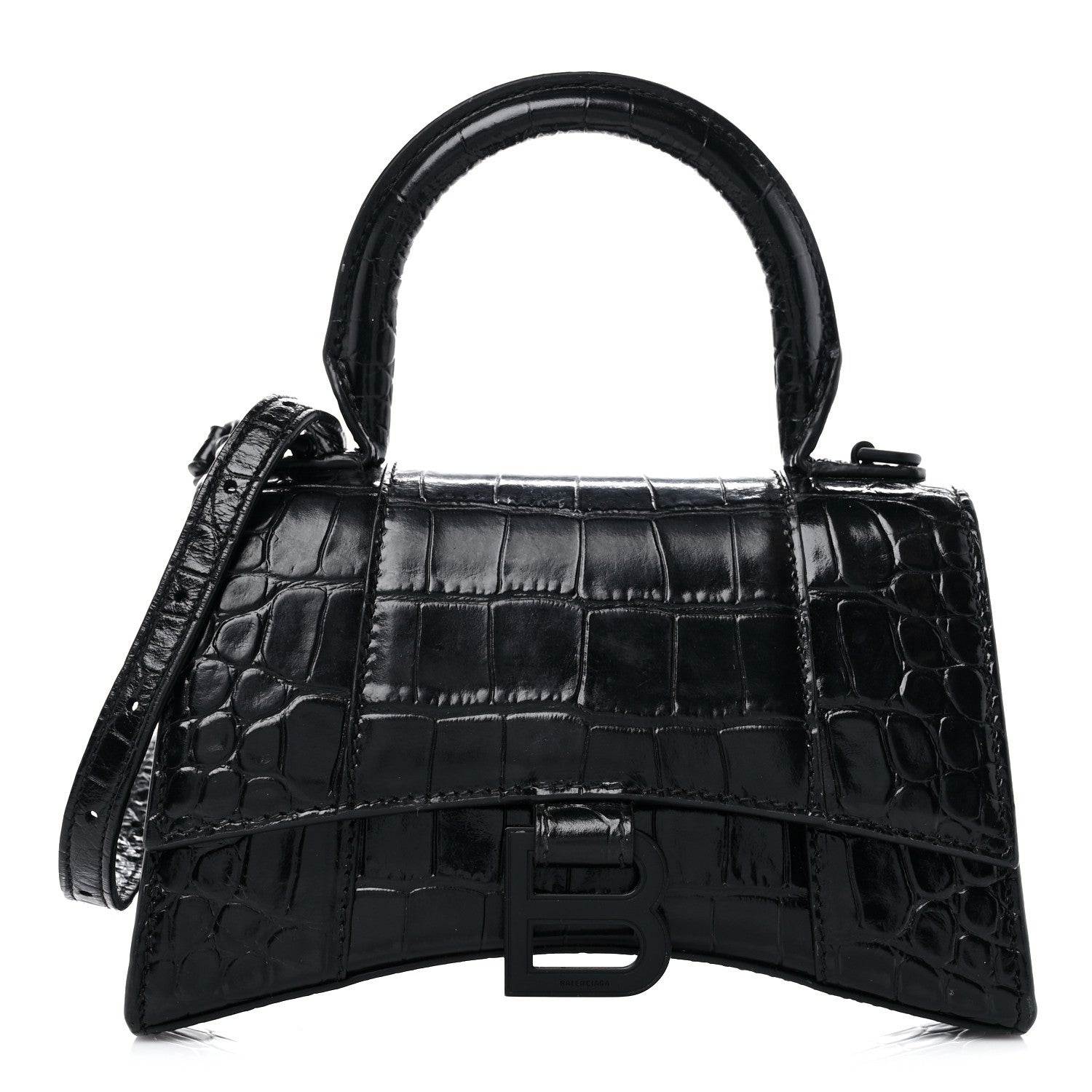 Balenciaga Shiny Calfskin Monochrome Crocodile Embossed Hourglass Top Handle Bag XS Black 1 of 13