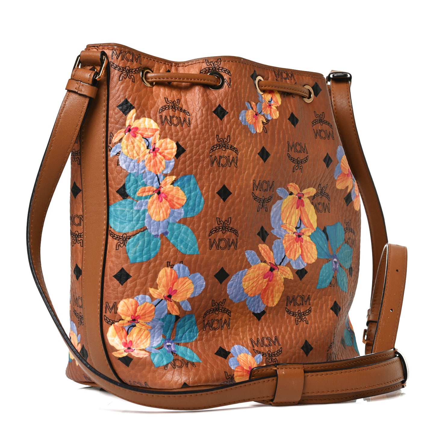 Visetos Floral Print Small Drawstring Bucket Bag Cognac