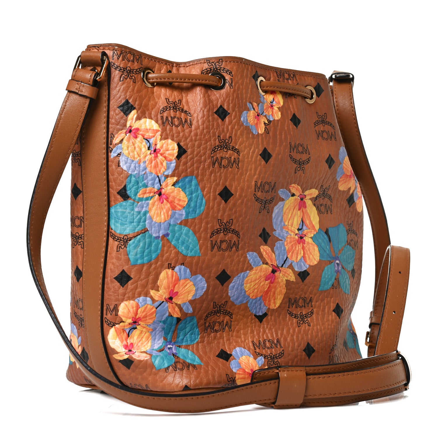 MCM Visetos Floral Print Small Drawstring Bucket Bag Cognac 3 of 14