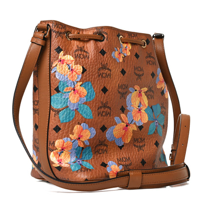 MCM Visetos Floral Print Small Drawstring Bucket Bag Cognac 3 of 14