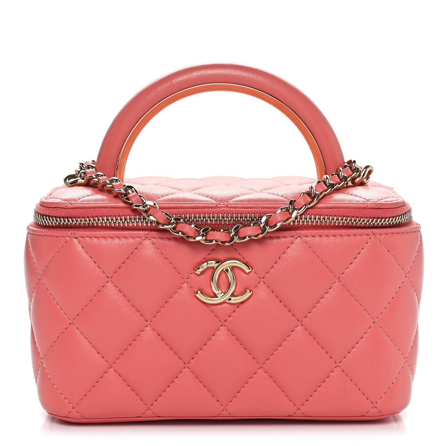 Lambskin Quilted Small Charming Top Handle Vanity Case With Chain Pink