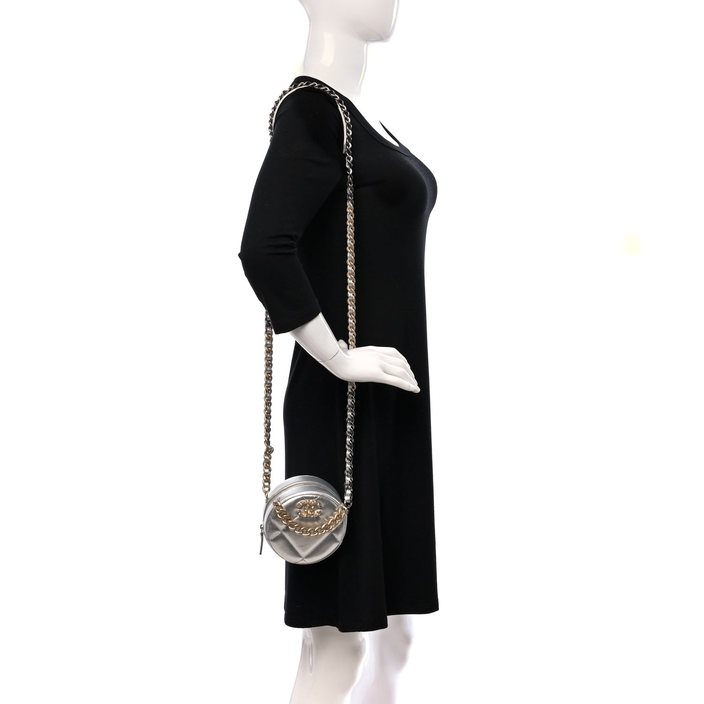 Metallic Lambskin Quilted Chanel 19 Round Clutch With Chain Silver