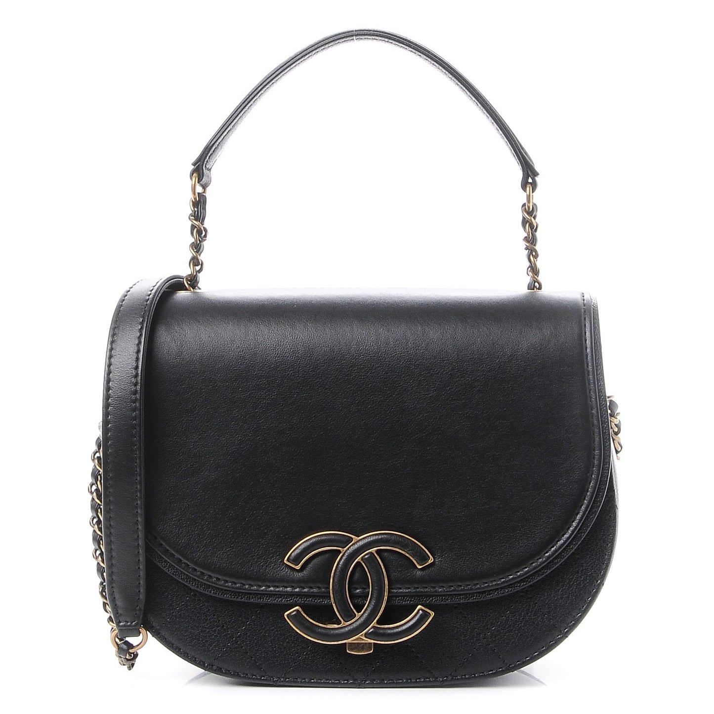 Shiny Calfskin Goatskin Quilted Small Coco Curve Messenger Flap Black