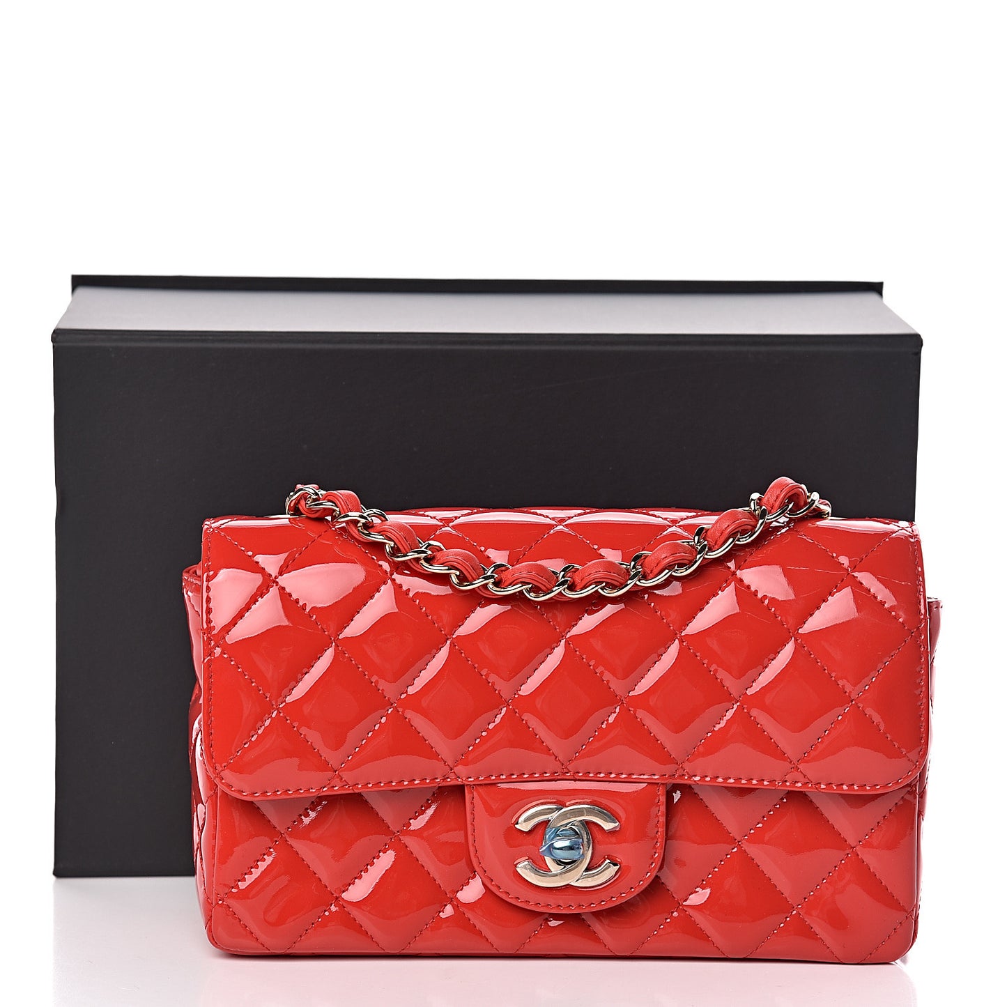 Patent Calfskin Quilted Mini Rectangular Flap Red
