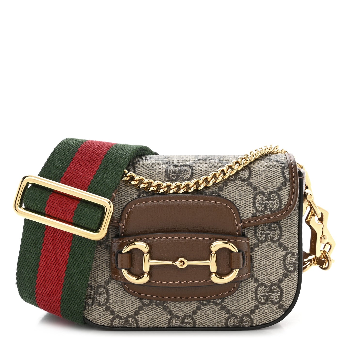 GG Supreme Monogram Azalea Calfskin Web Horsebit 1955 Wallet On Strap Beige Ebony Brown Sugar