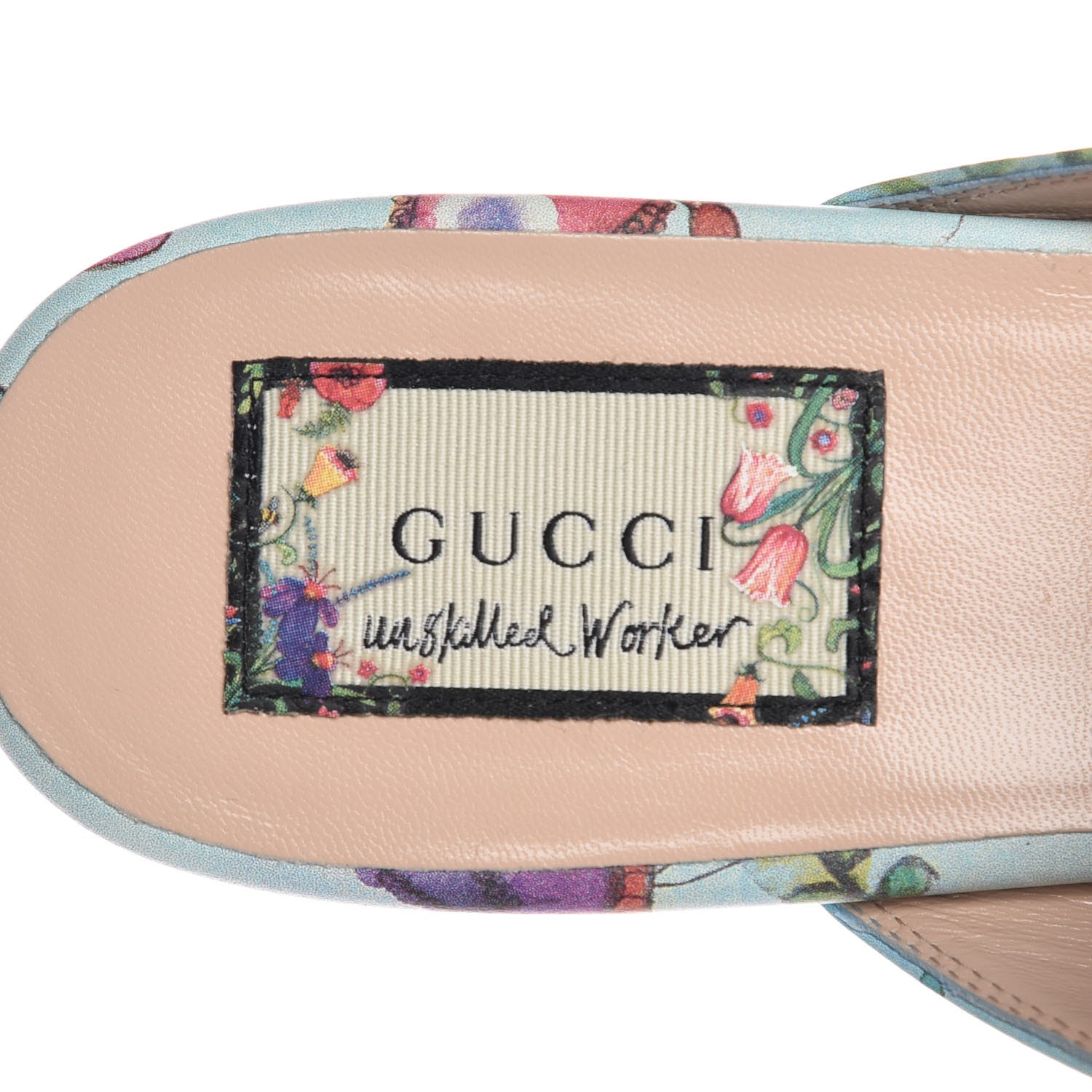 Gucci X UNSKILLED WORKER Calfskin Flora Painted Womens Princetown Slippers 40 Cloudy Blue Multicolor 7 of 11
