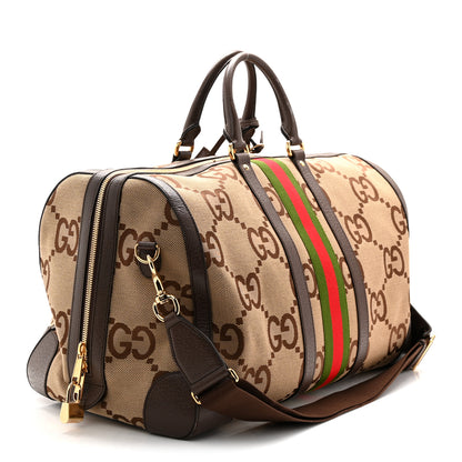 Gucci Monogram Jumbo GG Textured Dollar Calfskin Web Large Duffle Bag Camel Ebony 2 of 12