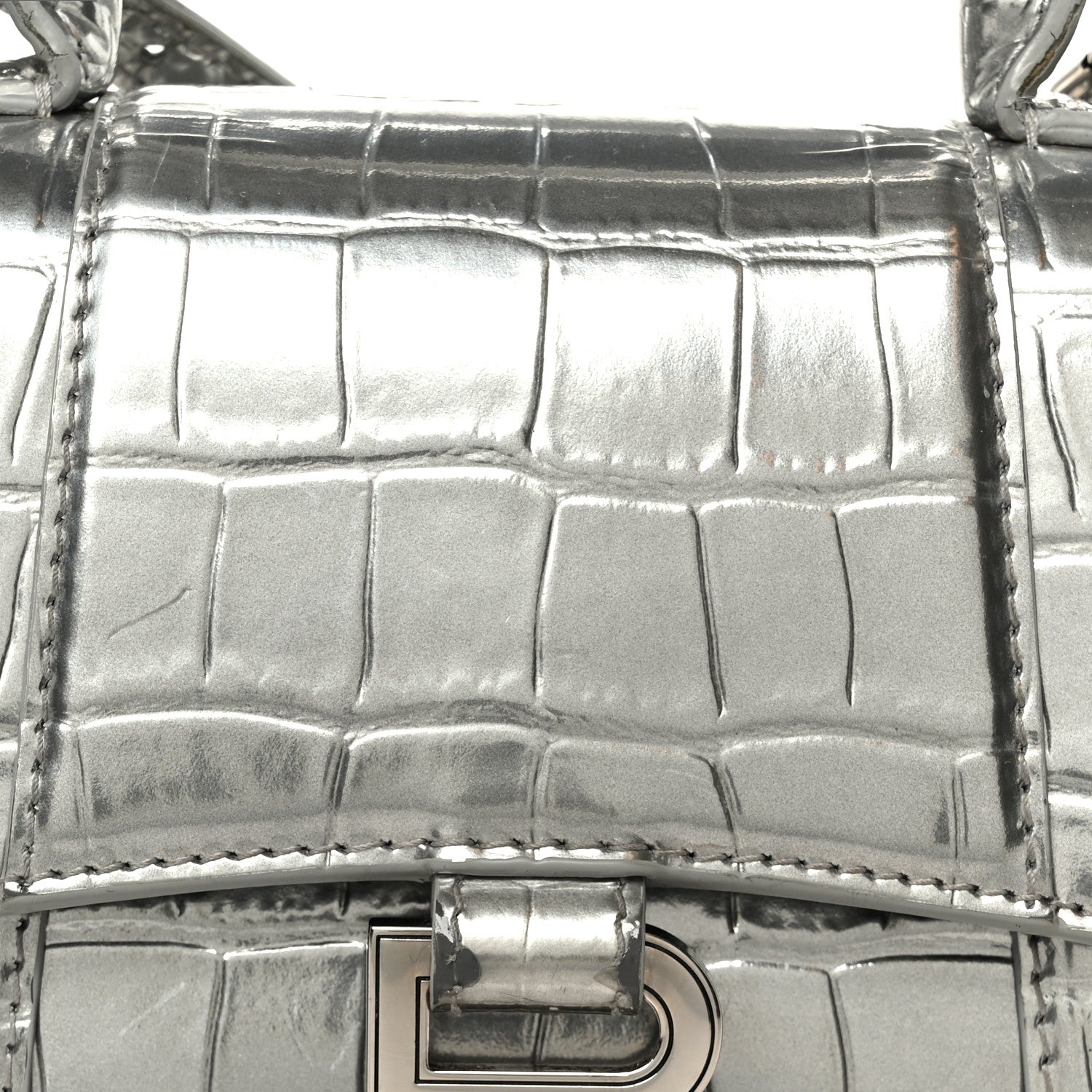 Balenciaga Metallic Calfskin Crocodile Embossed Hourglass Top Handle Bag XS Silver 9 of 11
