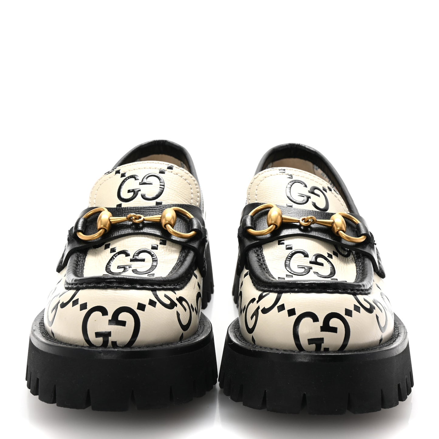 Azalea Calfskin GG Monogram Bi-Color Debossed Womens Harald Horsebit 25mm Platform Loafers 36 Mystic White Black