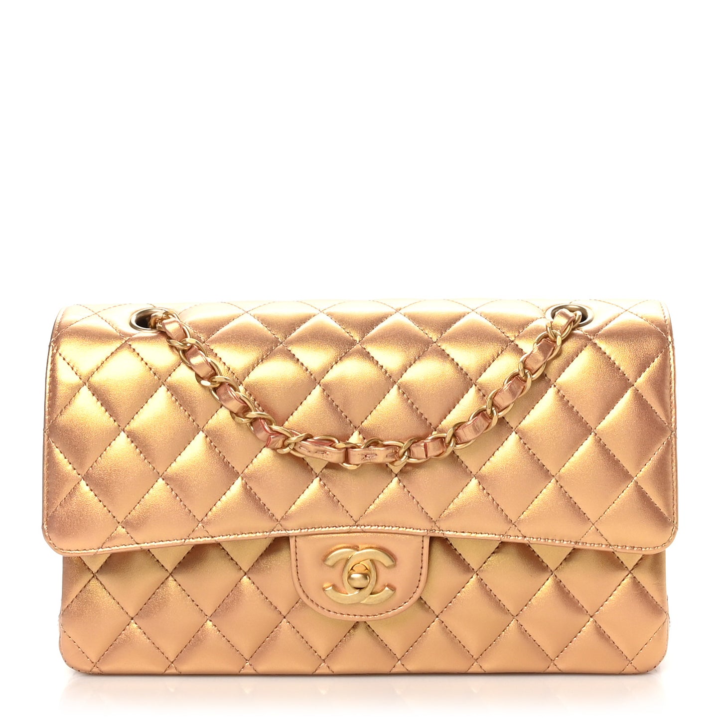 Metallic Lambskin Quilted Medium Double Flap Golden