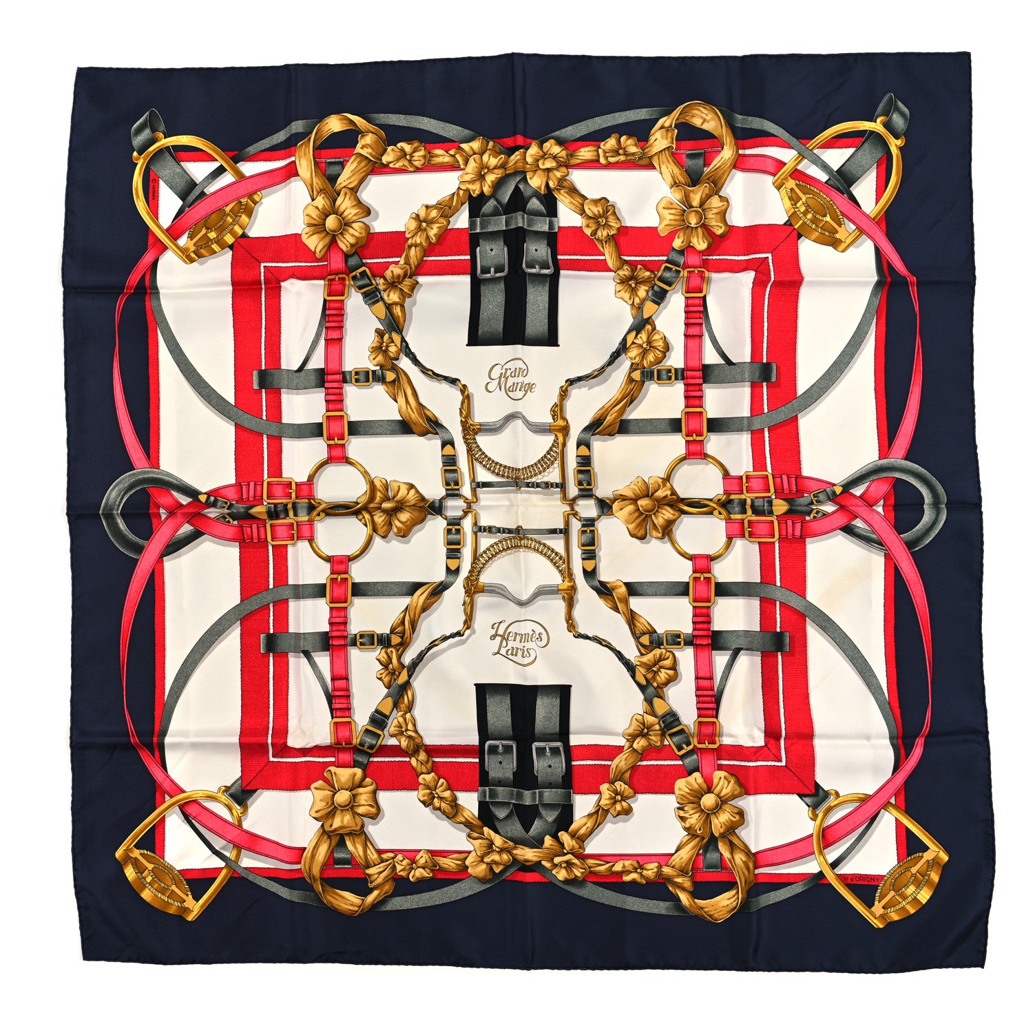 Hermes Silk Grand Manege Detail Scarf 90 Navy White 1 of 4