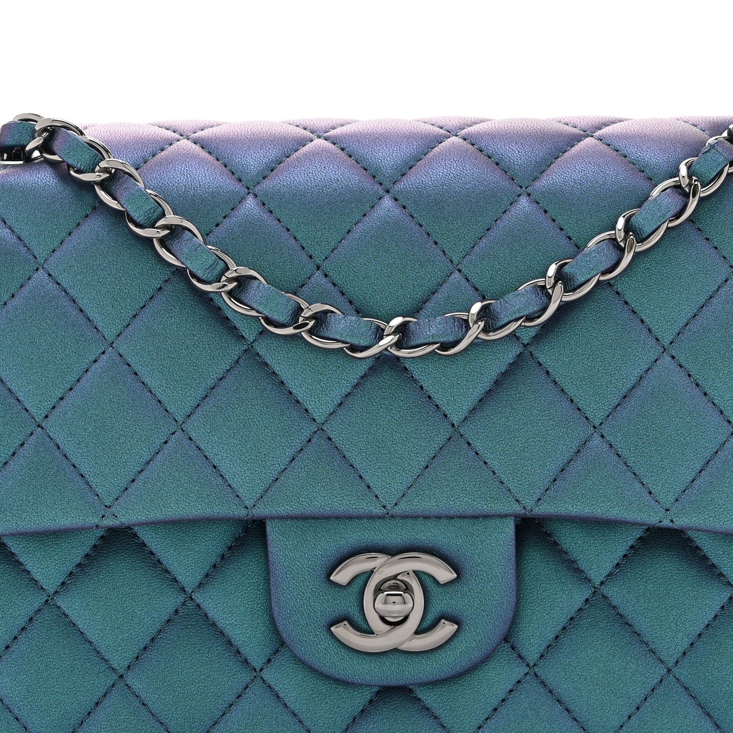 Iridescent Lambskin Quilted Medium Double Flap Turquoise