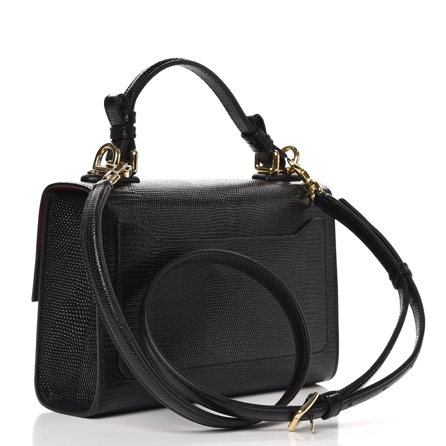 Iguana Calfskin Embossed Lucia Top Handle Bag Black