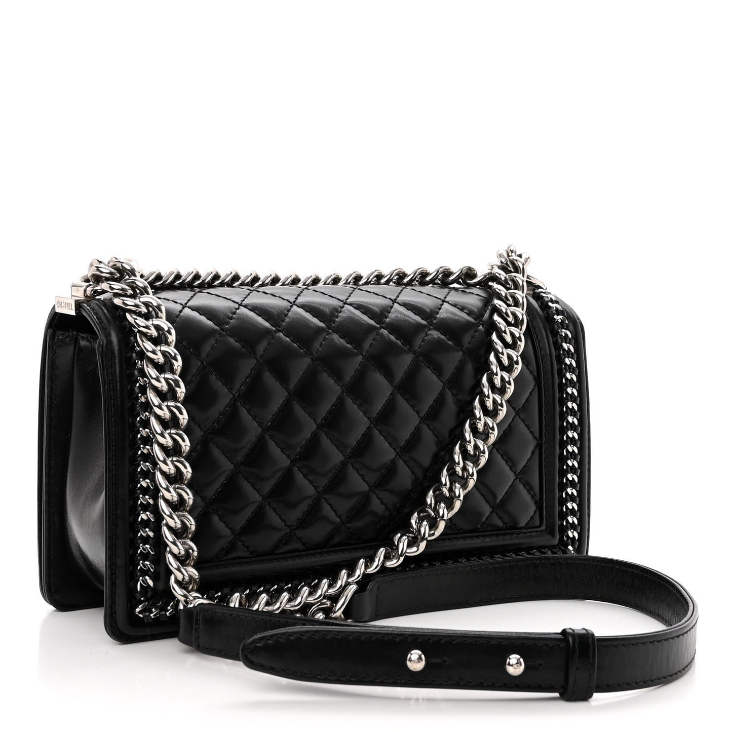 Glazed Calfskin Quilted Medium Chain Around Boy Flap Black