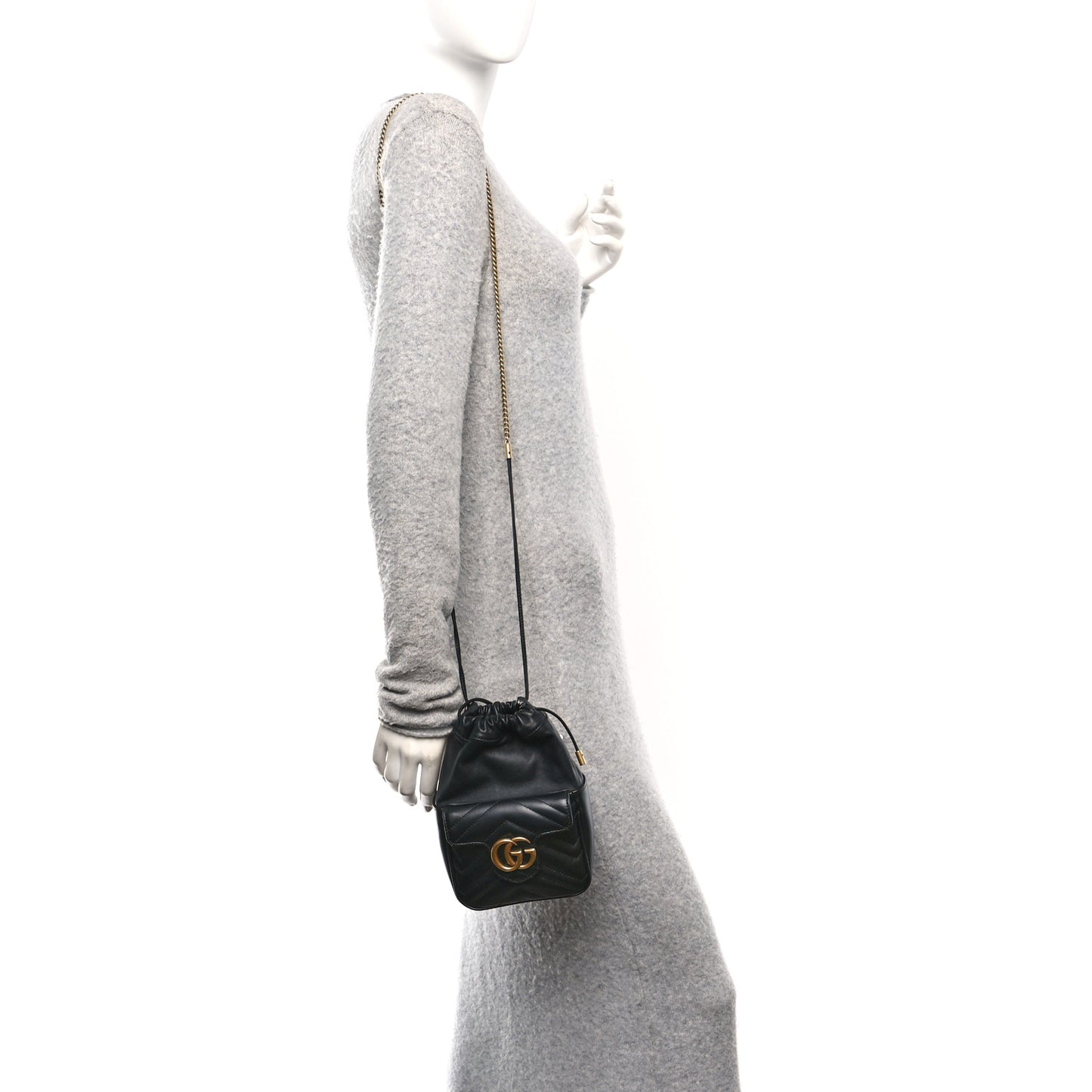 Calfskin Matelasse Front Pocket Mini GG Marmont Bucket Bag Black
