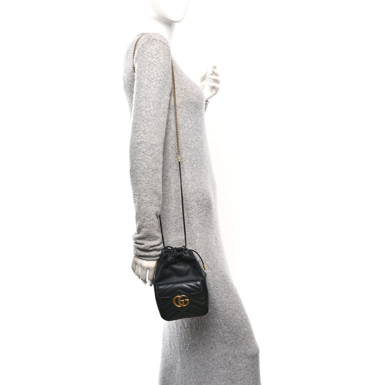 Gucci Calfskin Matelasse Front Pocket Mini GG Marmont Bucket Bag Black 3 of 11