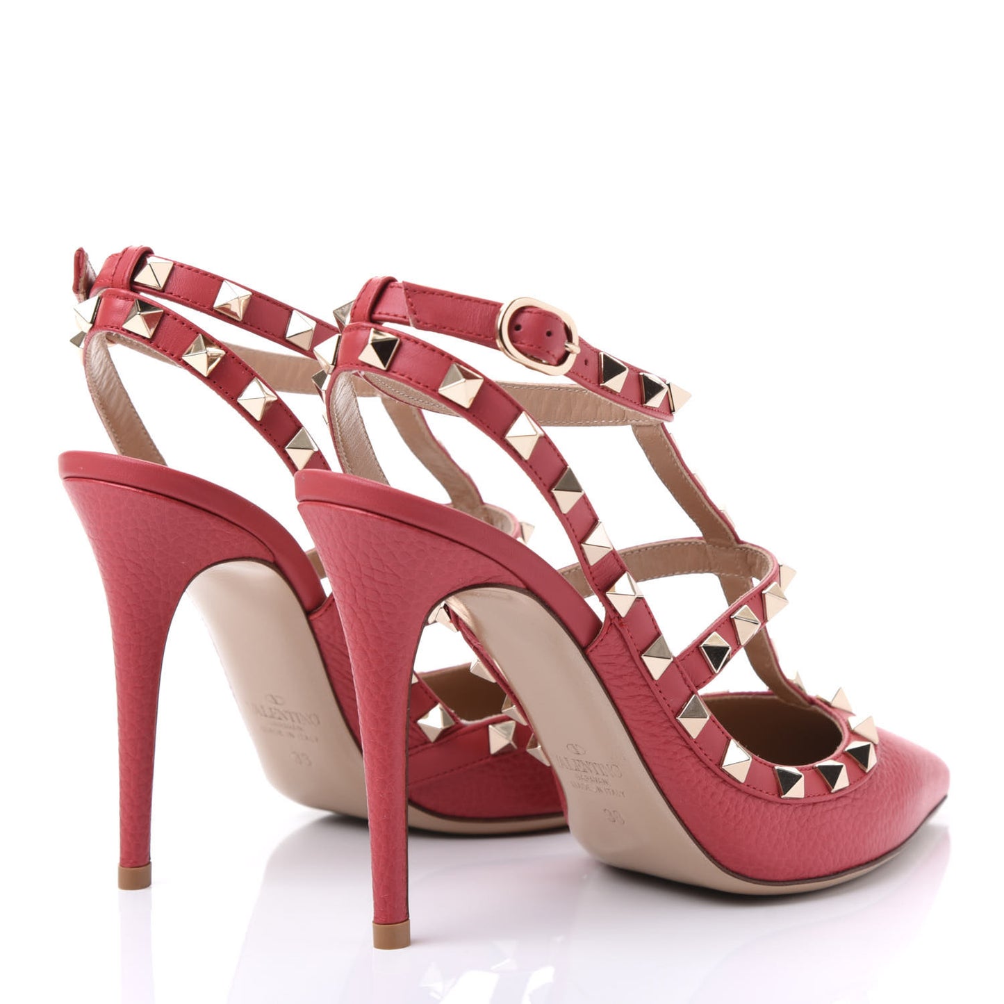 Pebbled Calfskin Rockstud Ankle Strap 100mm Pumps 38 Rock Pink